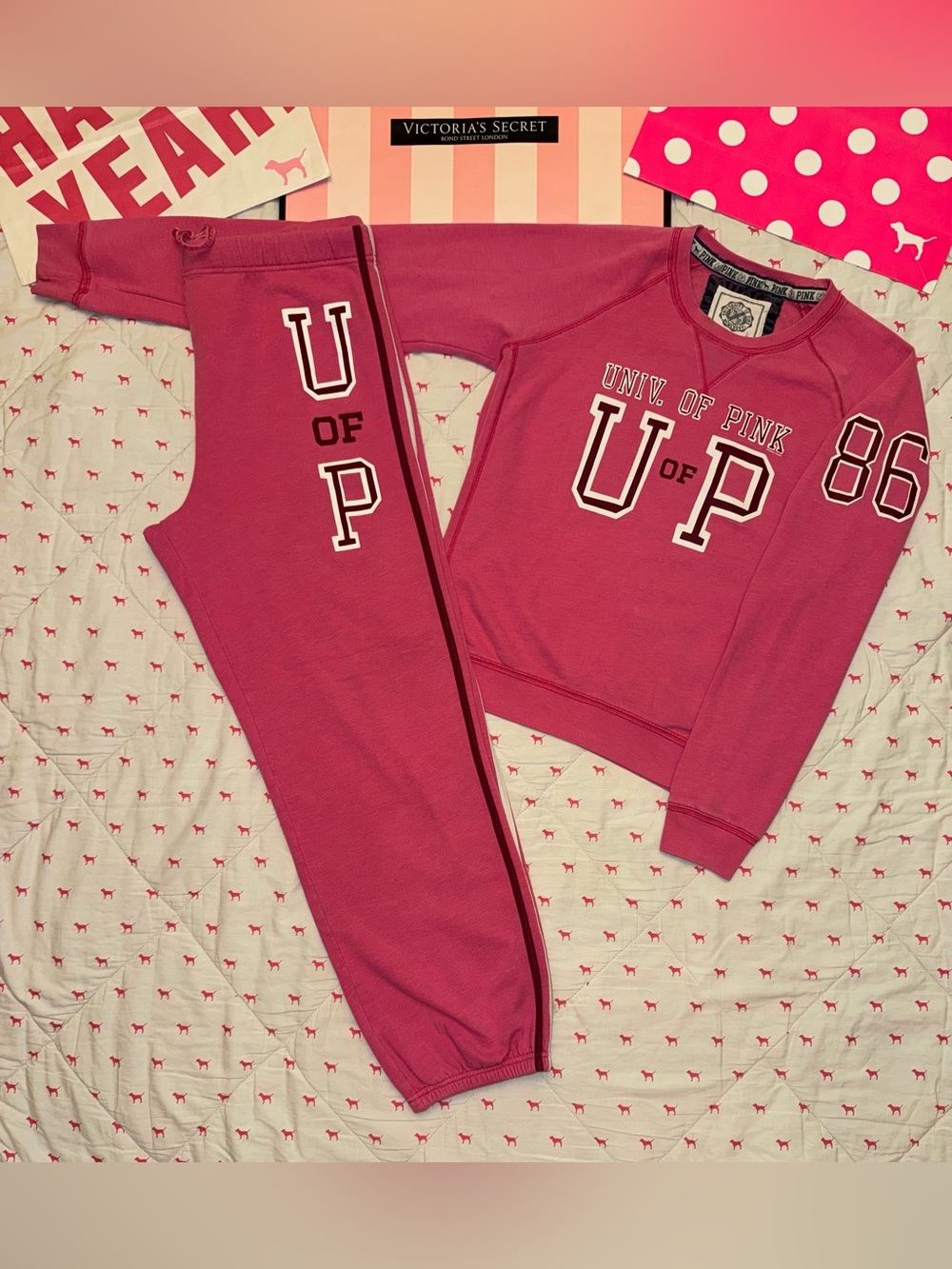 VS PINK VINTAGE Y2K SET CAMPUS CREW SWEATSHIRT & SWEATPANTS UNIVERSITY 1986 RARE